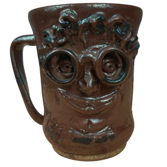 Face Mug Handmade Studio Art Brown Stoneware Pottery Eyeglasses Signed Rustic - Picture 1 of 8